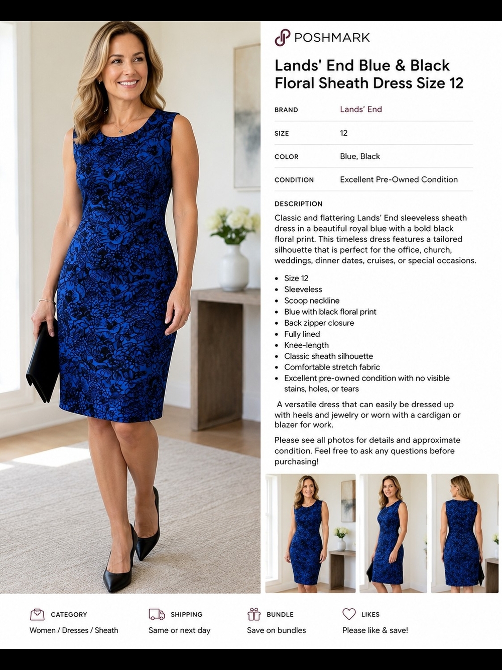 Lands' End Blue & Black Floral Sheath Dress Size 12